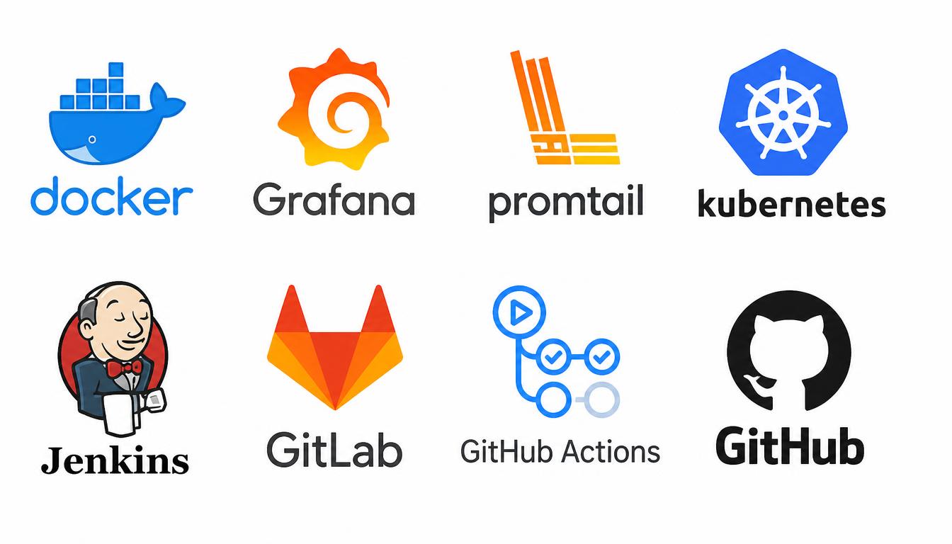 Docker, Grafana, Promtail, Kubernetes, Jenkins, GitLab, GitHub Actions and GitHub logos representing the DevOps toolchain